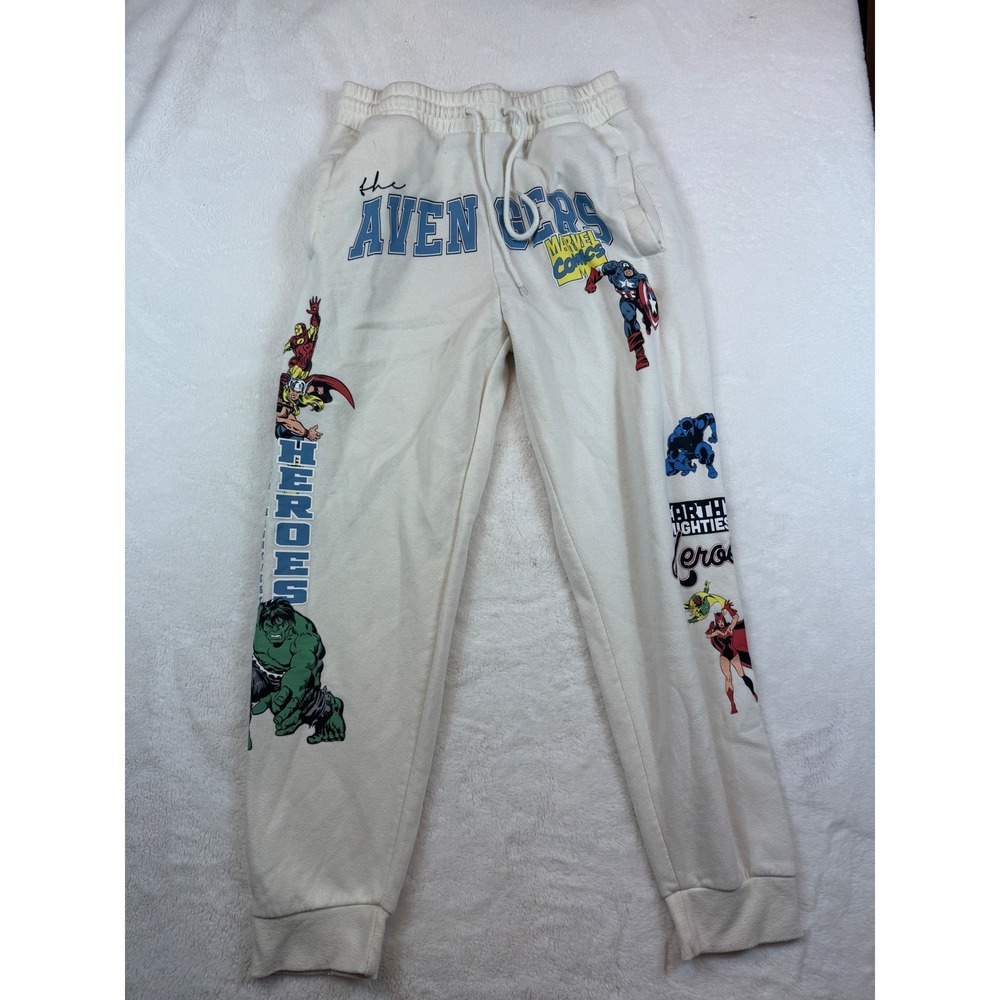 Marvel Avengers Graphic Sweatpants Mens Medium Cream Fleece Joggers Comic Print